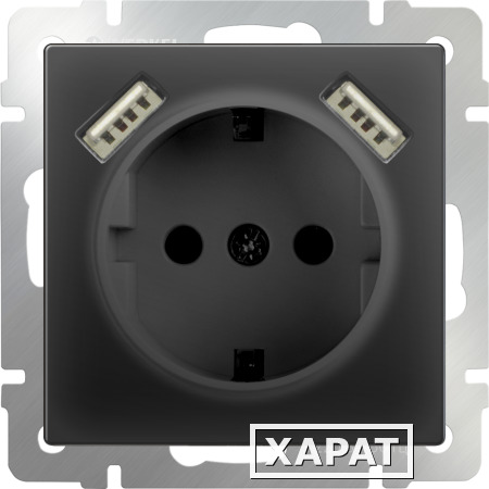Фото Розетка с заземлением, шторками и USBх2 (черный матовый) WL08-SKGS-USBx2-IP20|a033477 WERKEL