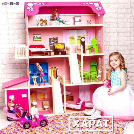 Фото Деревянный дом Барби "Нежность" (28 предметов мебели, 2 лестницы, гараж) (PD316-01)