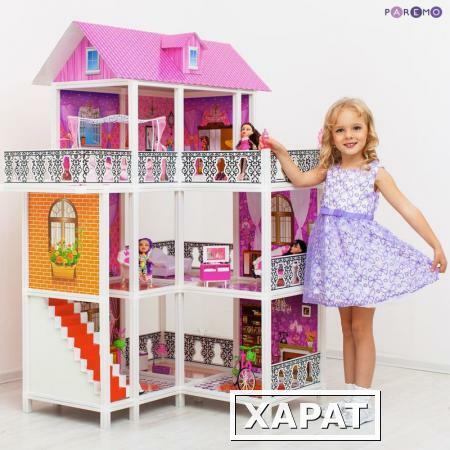 Фото 3-этажный кукольный дом (угловой) с 6 комнатами, мебелью, 3 куклами и велосипедом в наборе (PPCD116-07)