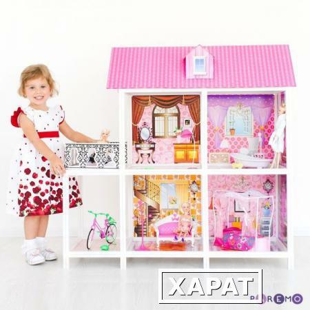 Фото 2-этажный кукольный дом с 4 комнатами, мебелью, 3 куклами и велосипедом в наборе (PPCD116-02)