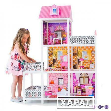 Фото 3-этажный кукольный дом с 5 комнатами, мебелью и 3 куклами в наборе (PPCD116-04)