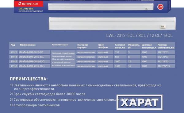 Фото Светильник светодиодный Ultraflash LWL-2012-12CL (60LED, 220В, 12W, с сетевым проводом)