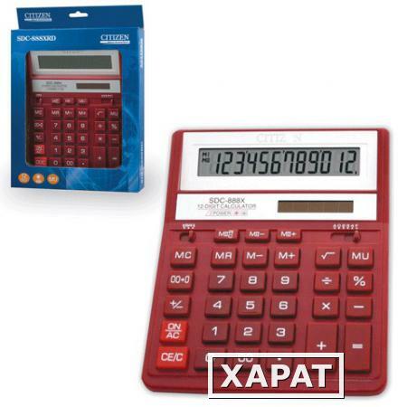Фото Калькулятор CITIZEN настольный SDC-888ХRD, 12 разрядов, двойное питание, 205х159 мм, красный
