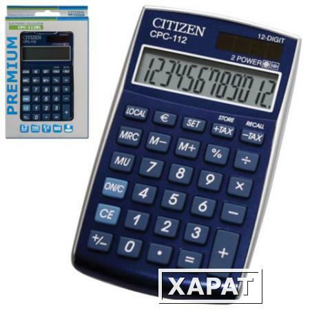 Фото Калькулятор CITIZEN карманный CPC-112BLWB, 12 разрядов, двойное питание, 120х72 мм, синий