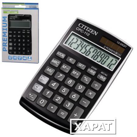 Фото Калькулятор CITIZEN карманный CPC-112BKWB, 12 разрядов, двойное питание, 120х72 мм, черный