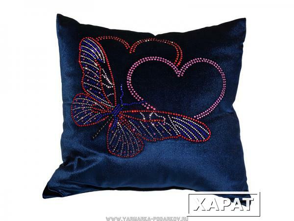 Фото Подушка декоративная 35х35 бабочка любви , стразы, бархат, х/ф, синий