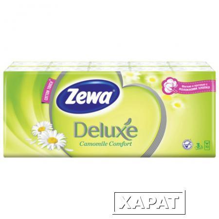 Фото Платки носовые ZEWA Delux, 3-х слойные, 10 шт. х (спайка 10 пачек), аромат ромашки