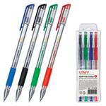 фото Ручки гелевые STAFF эконом, набор 4 шт., резиновый держатель, европодвес (синяя, черная, красная, зеленая)
