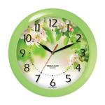 фото Часы настенные TROYKA 11121186, круг, белые с рисунком "Весна", зеленая рамка, 29х29х3,5 см