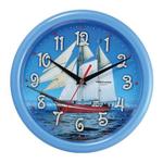фото Часы настенные TROYKA 21241250, круг, голубые с рисунком "Парусник", голубая рамка, 24,5х24,5х3,1 см