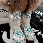 фото Старинный роскошный стразами полный Алмаз драгоценный камень уличной моды Тотем Лисий Мех Кожа кожа высокие снега сапоги Женская обувь