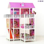 фото 3-этажный кукольный дом (угловой) с 6 комнатами, мебелью, 3 куклами и велосипедом в наборе (PPCD116-07)